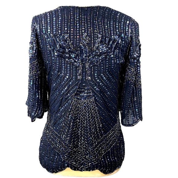 70s Vintage Le Mieux Black 100% Silk Art Deco Beaded Sequined Bat Motif Blouse - Picture 2 of 9
